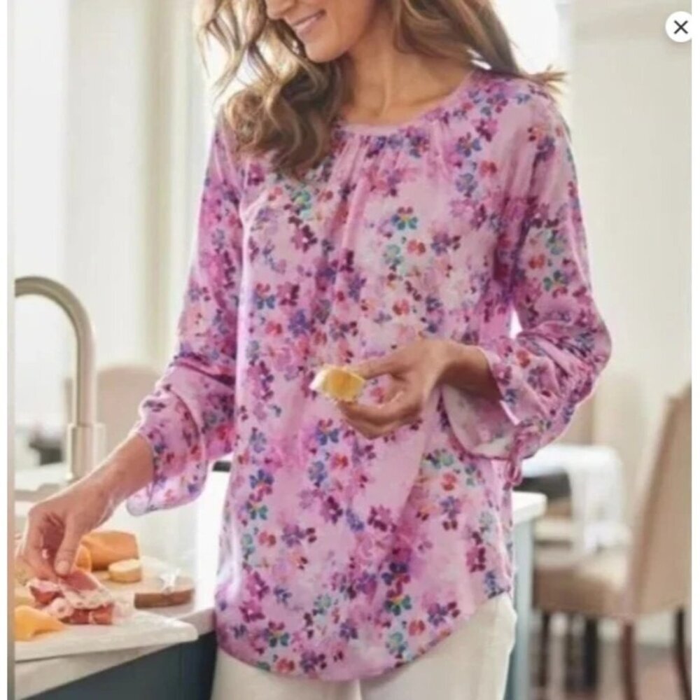 Soft Surroundings Brialla Floral Lilac Print Top Pleated Soft Long Sleeve Sz XS